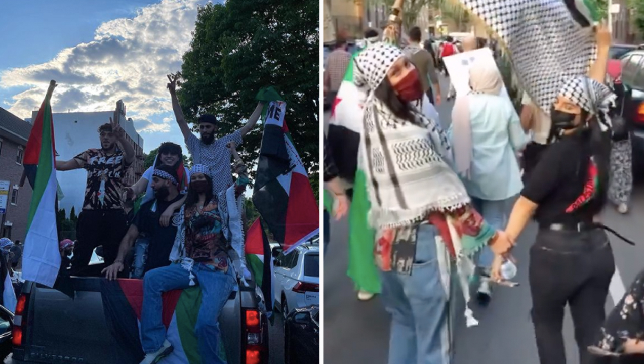 Tom Fordy on X: Bella #Hadid joins pro-Palestine march in NYC 🇺🇸wearing  a traditional dress, a #Keffiyeh, a face mask and waving a large  Palestinian Pale🇵🇸 flag as she marched along with