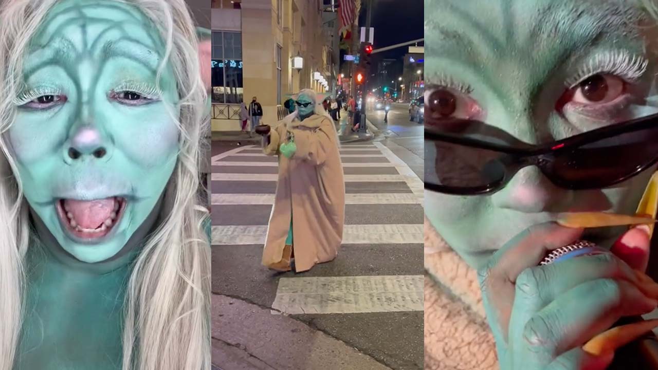 Lizzo dresses as Baby Yoda for Halloween, gives cameras Jedi hand wave