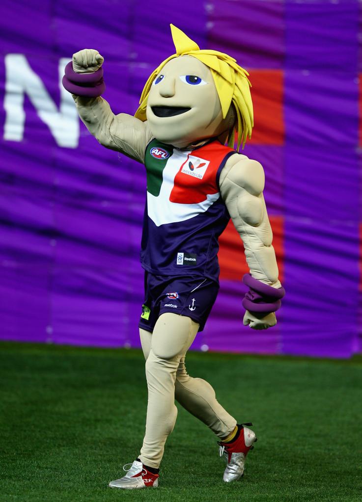 Fremantle Dockers mascot celebrates during the AFL Second Semi Final match between the Geelong Cats and the Fremantle Dockers at Melbourne Cricket Ground 