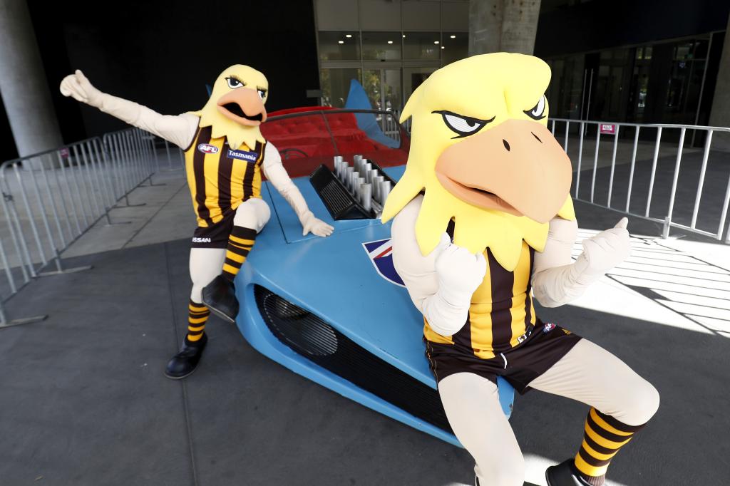 Hawthorn mascots are seen with the Batmobile during the 2021 AFL Round 08 match between the Hawthorn Hawks and the West Coast Eagles at the Melbourne Cricket Ground 