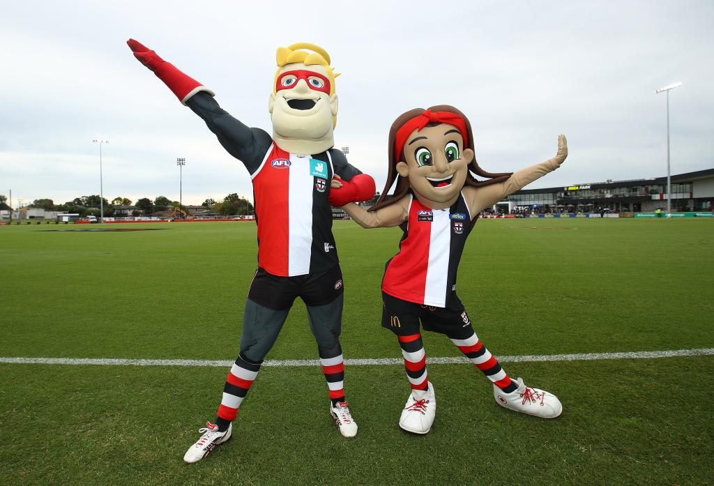 The Saints mascots are seen prior to the round 1 AFLW match between the St Kilda Saints and the Western Bulldogs at RSEA Park