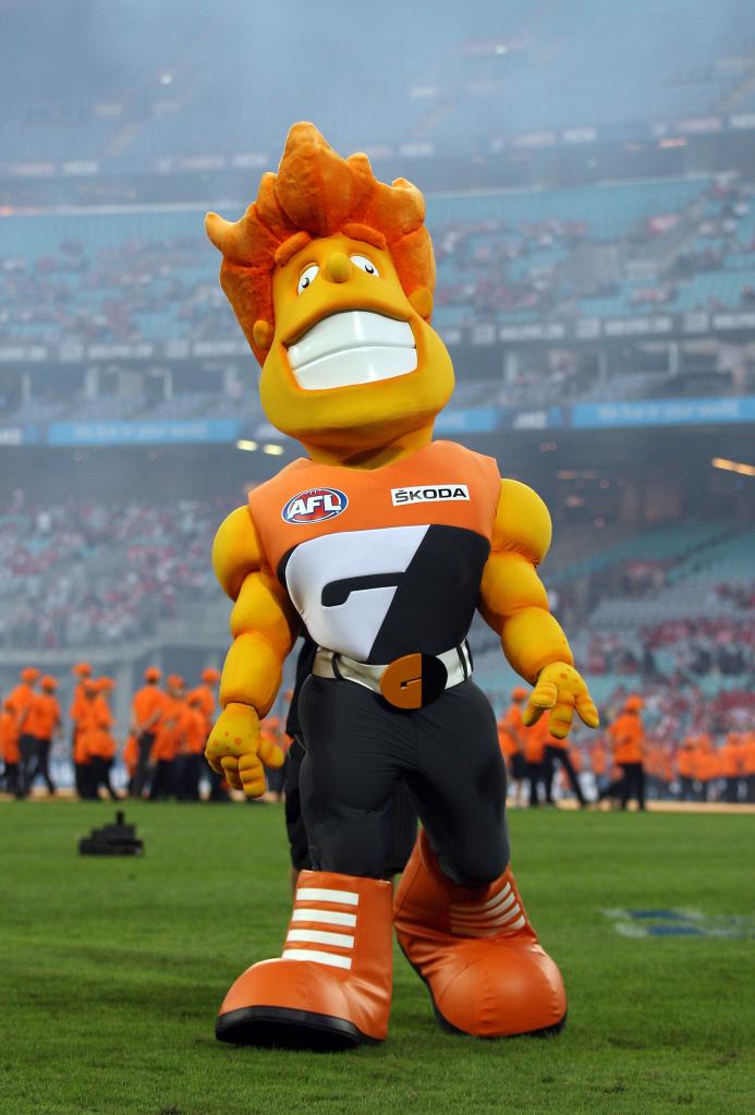 G-Man, the Giants mascot, is seen before the round one AFL match between the Greater Western Sydney Giants and the Sydney Swans at ANZ Stadium