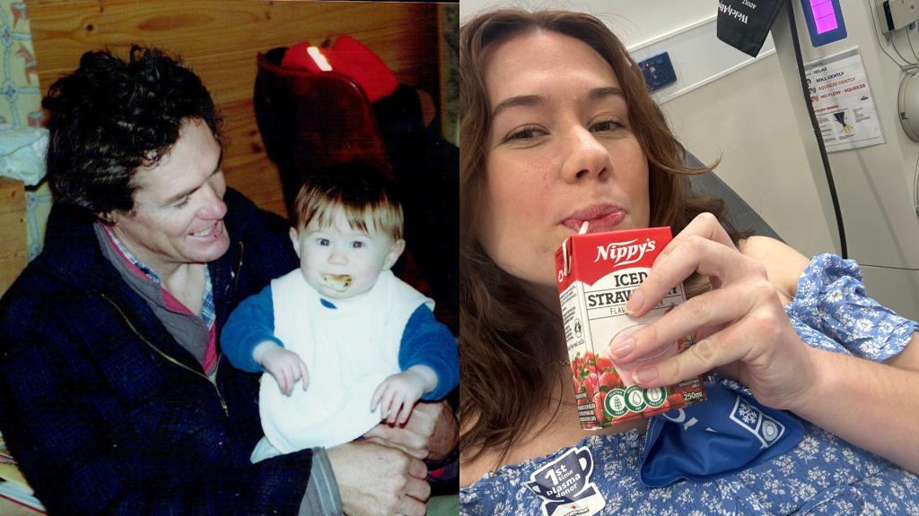 Dad holding baby eating food on the left and woman sipping milkshake on the right 