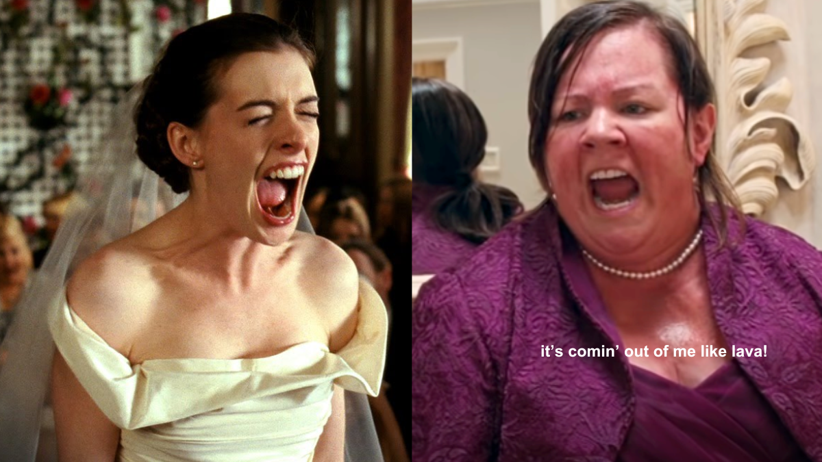 Anne Hathaway as a bride screaming and Melissa McCarthy in bridesmaids pooping in the sink during food poisoning scene