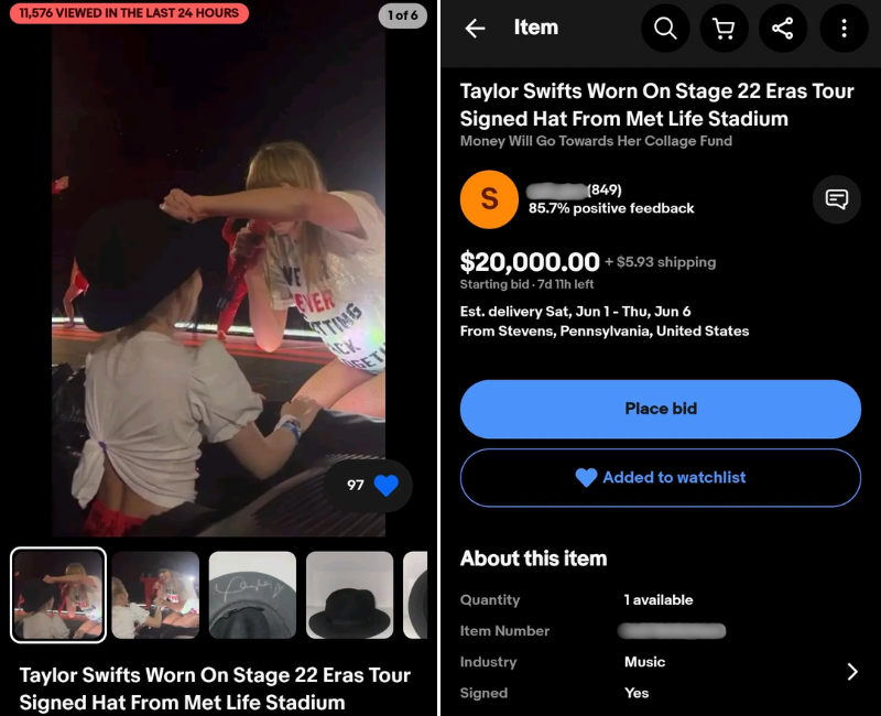 2 screenshots of the eBay listing where a fan is selling the taylor swift 22 hat from the eras tour for $20K