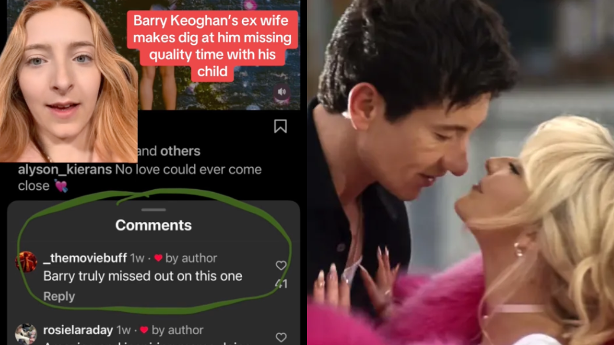 L: TikTok showing a screenshot of Alyson Kieran's comment section. R: Barry Keoghan and Sabrina Carpenter in 'Please Please Please' music video.