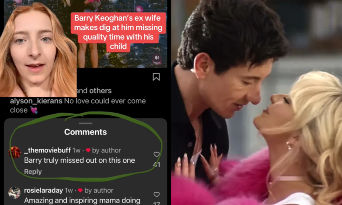 L: TikTok showing a screenshot of Alyson Kieran's comment section. R: Barry Keoghan and Sabrina Carpenter in 'Please Please Please' music video.