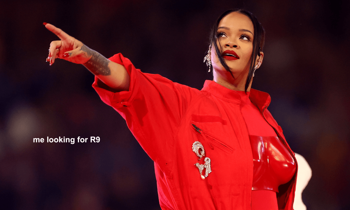 Rihanna pointing with text saying 'me looking for R9' about her next album