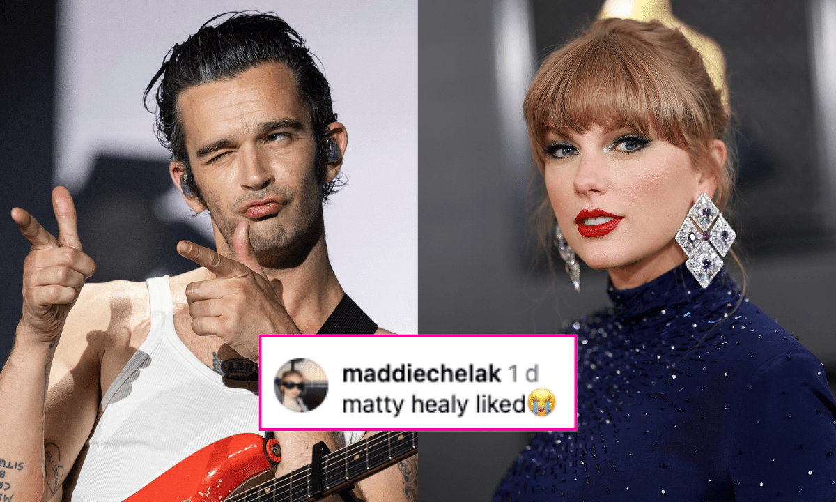 Taylor Swift and Matty Healy with a comment on the top that says 'matty healy liked'