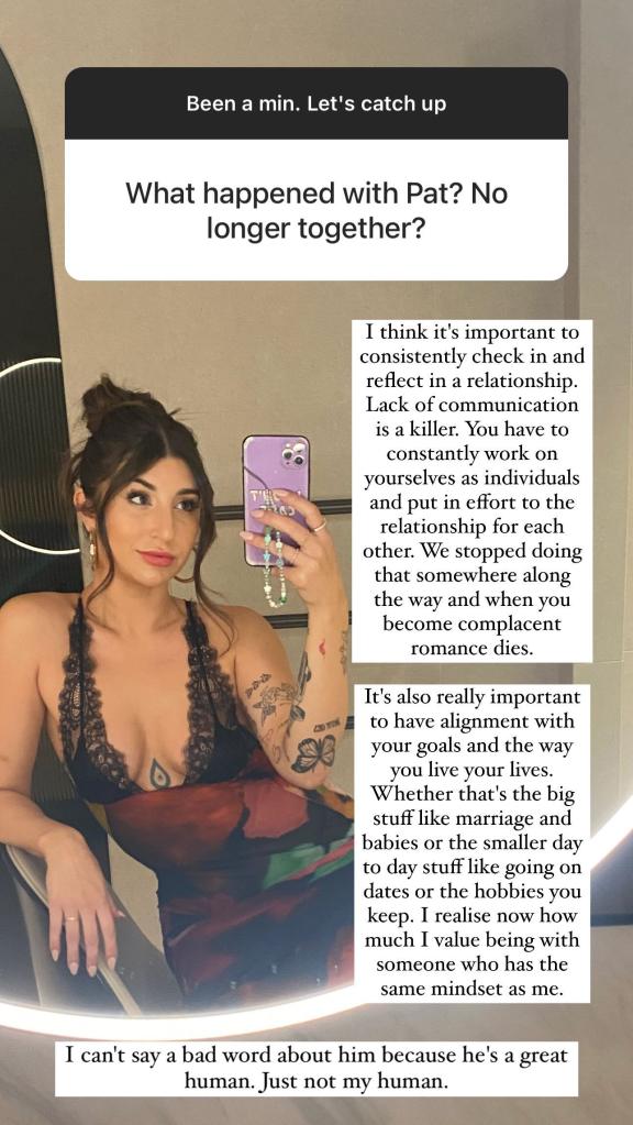Married At First Sight star Claire Nomarhas takes a mirror selfie while answering the question 'What happened with Pat? No longer together?'