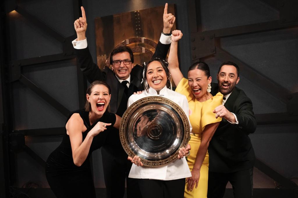Poh Ling Yeow, Andy Allen, Jean-Christophe Novelli, Sofia Levin judges with MasterChef Australia 2024 winner Nat Thaipun