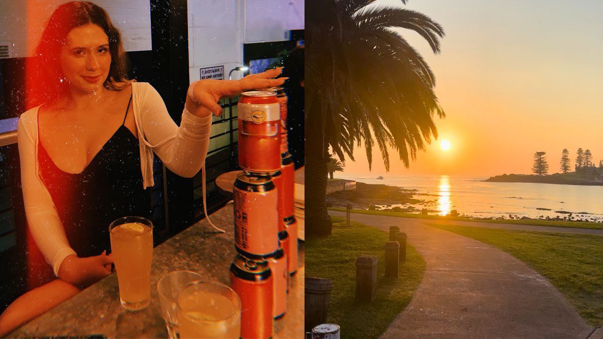 Girl on the left stacking beer cans, on the right a beach is pictured at sunrise